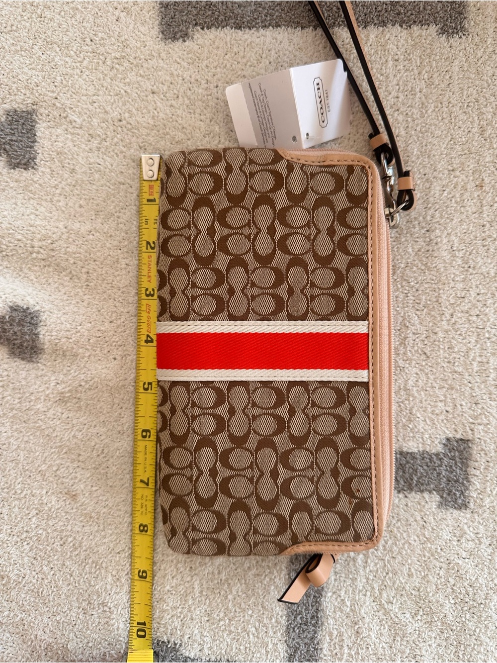 Coach Brown Signature Double Zip Wristlet with Tan Trim